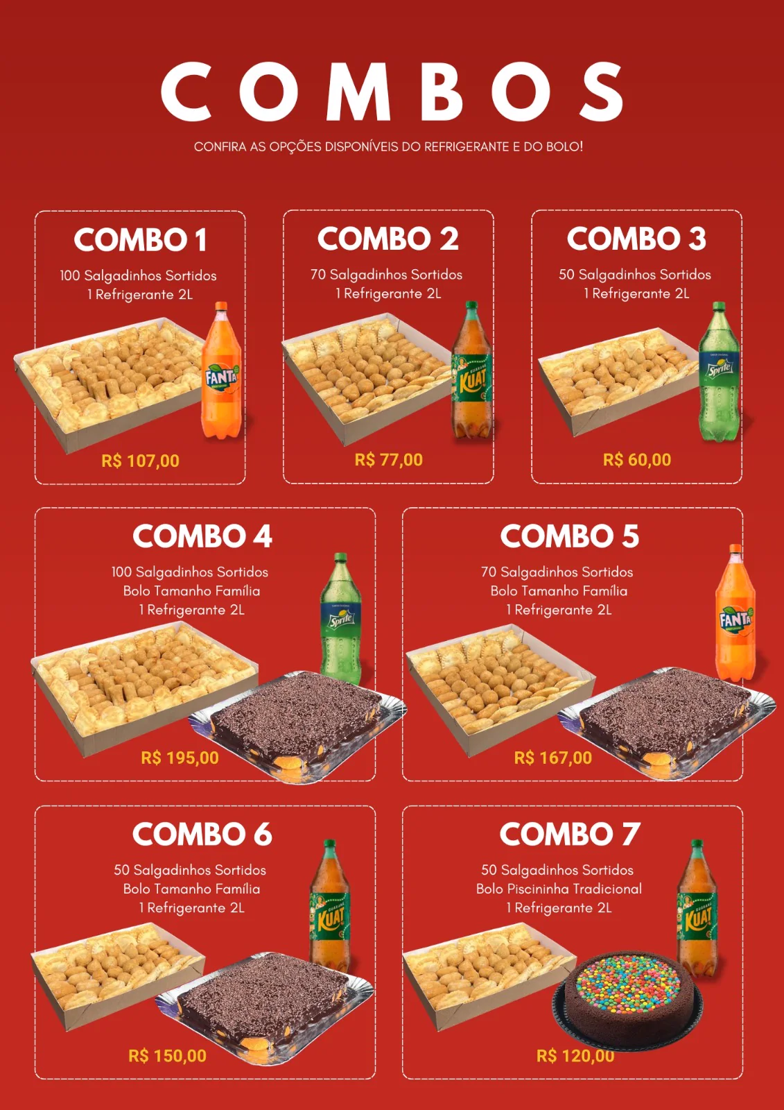 Combos de 50, 70 e 100 salgadinhos sortidos com refrigerante e bolo