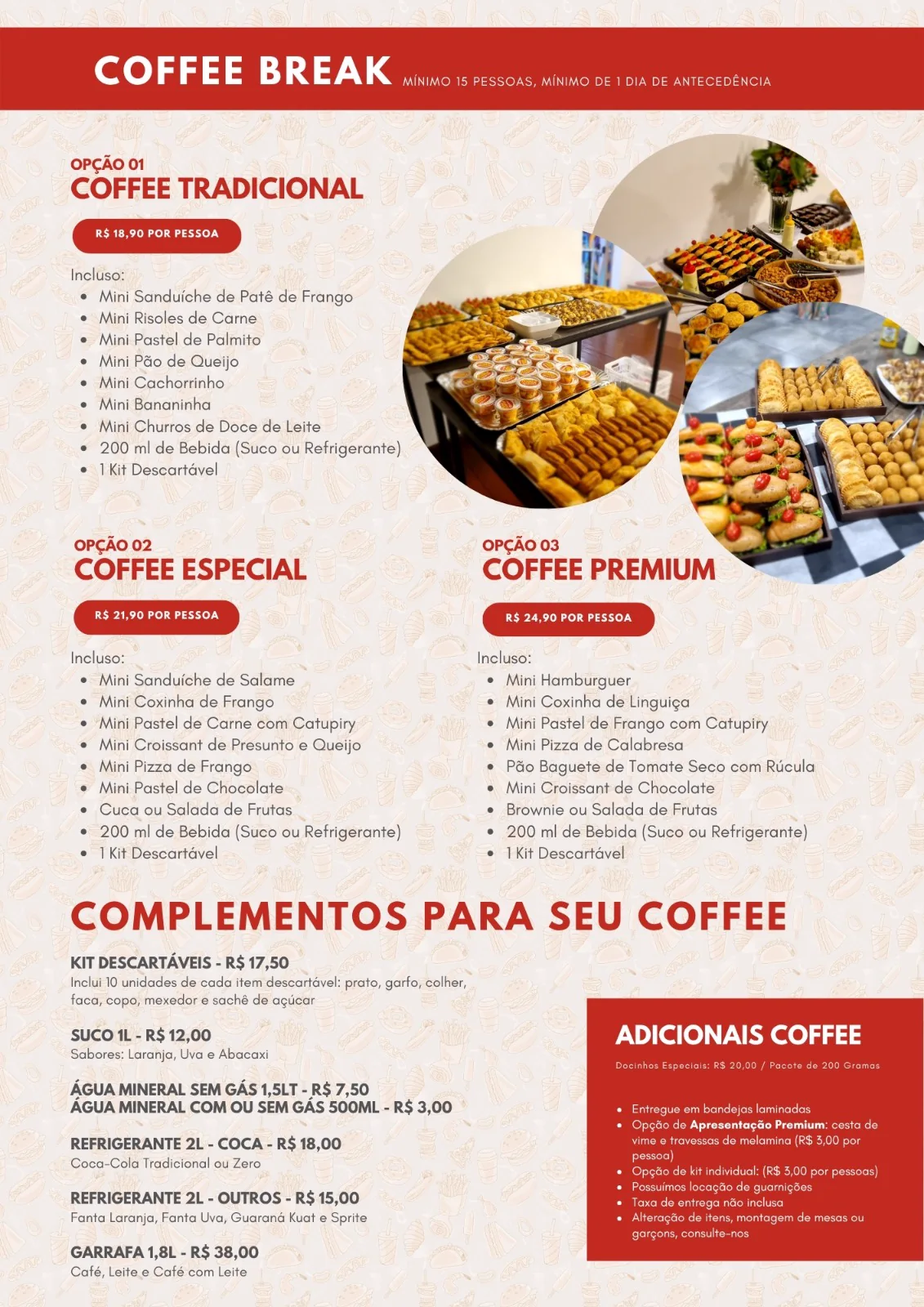 Coffee break tradicional, especial e premium, com complementos, bebidas e adicionais