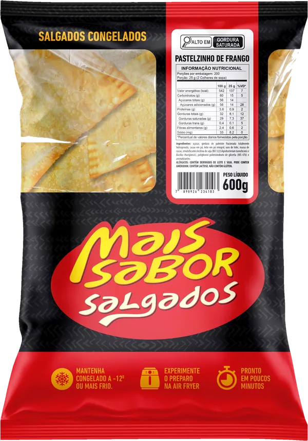 Pacote de 600 g de pastelzinho de frango frito congelado Mais Sabor