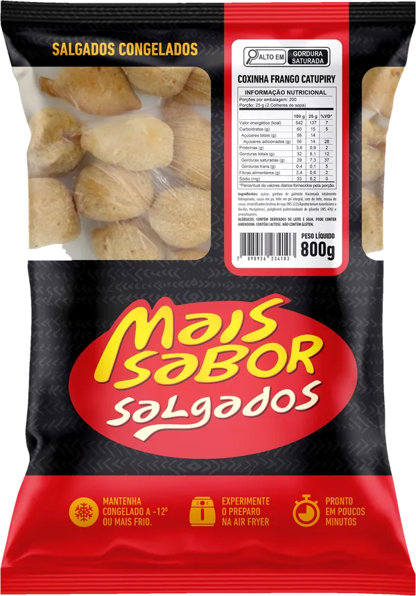Pacote de 800 g de coxinha de frango com catupiry pré-frita congelada Mais Sabor